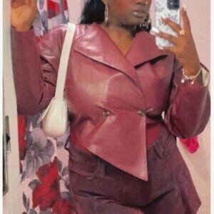 Bam Gleam Women's Casual Oversized Lapel Asymmetrical Jacket Burgundy Leather